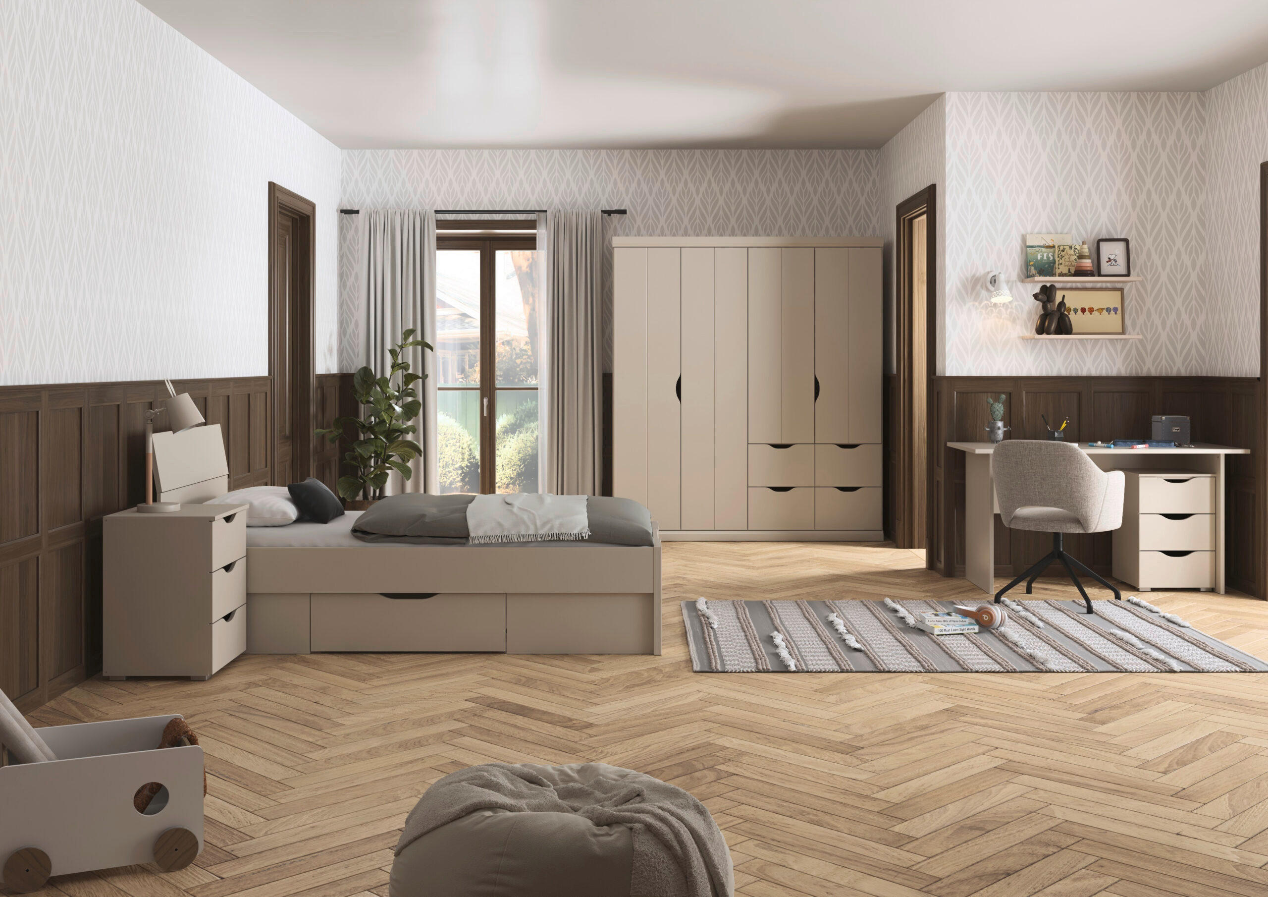 JUGENDZIMMER Frieda in Beige 5-teilig mit 4 türigem Kleiderschrank mit Schubkästen, 90er Jugendbett, Nachttisch, Schreibtisch mit Container - Beige, Holzwerkstoff (80/200/120cm)