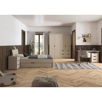 JUGENDZIMMER Frieda in Beige 5-teilig mit 4 türigem Kleiderschrank mit Schubkästen, 90er Jugendbett, Nachttisch, Schreibtisch mit Container - Beige, Holzwerkstoff (80/200/120cm)