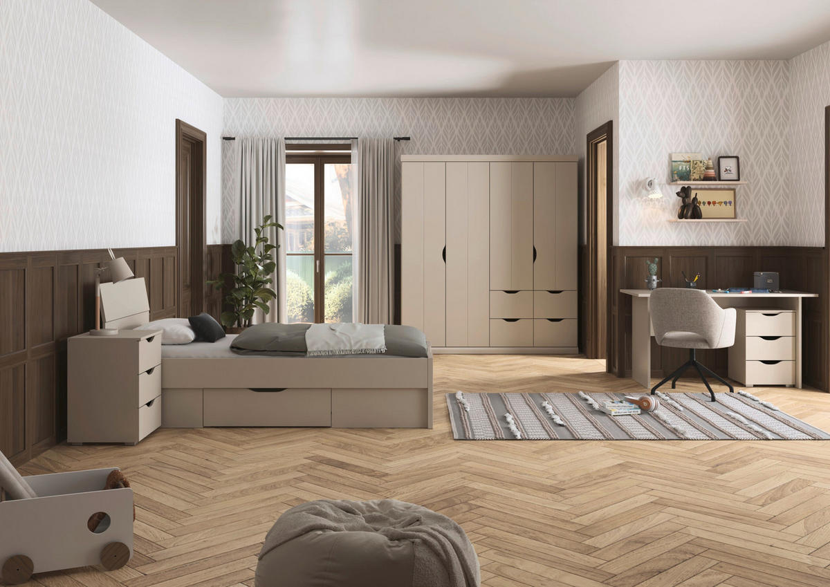 JUGENDZIMMER Frieda in Beige 5-teilig mit 4 türigem Kleiderschrank mit Schubkästen, 90er Jugendbett, Nachttisch, Schreibtisch mit Container - Beige, Holzwerkstoff (80/200/120cm)