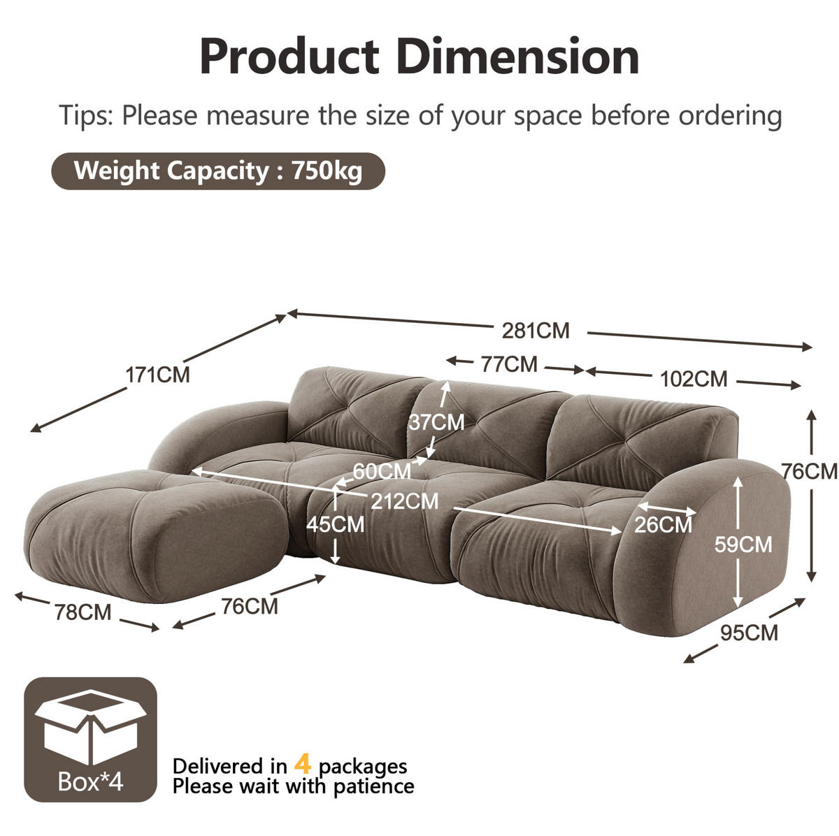 SOFA modular Chenille Braun - Braun, Kunststoff (171/281cm) - Meubliv