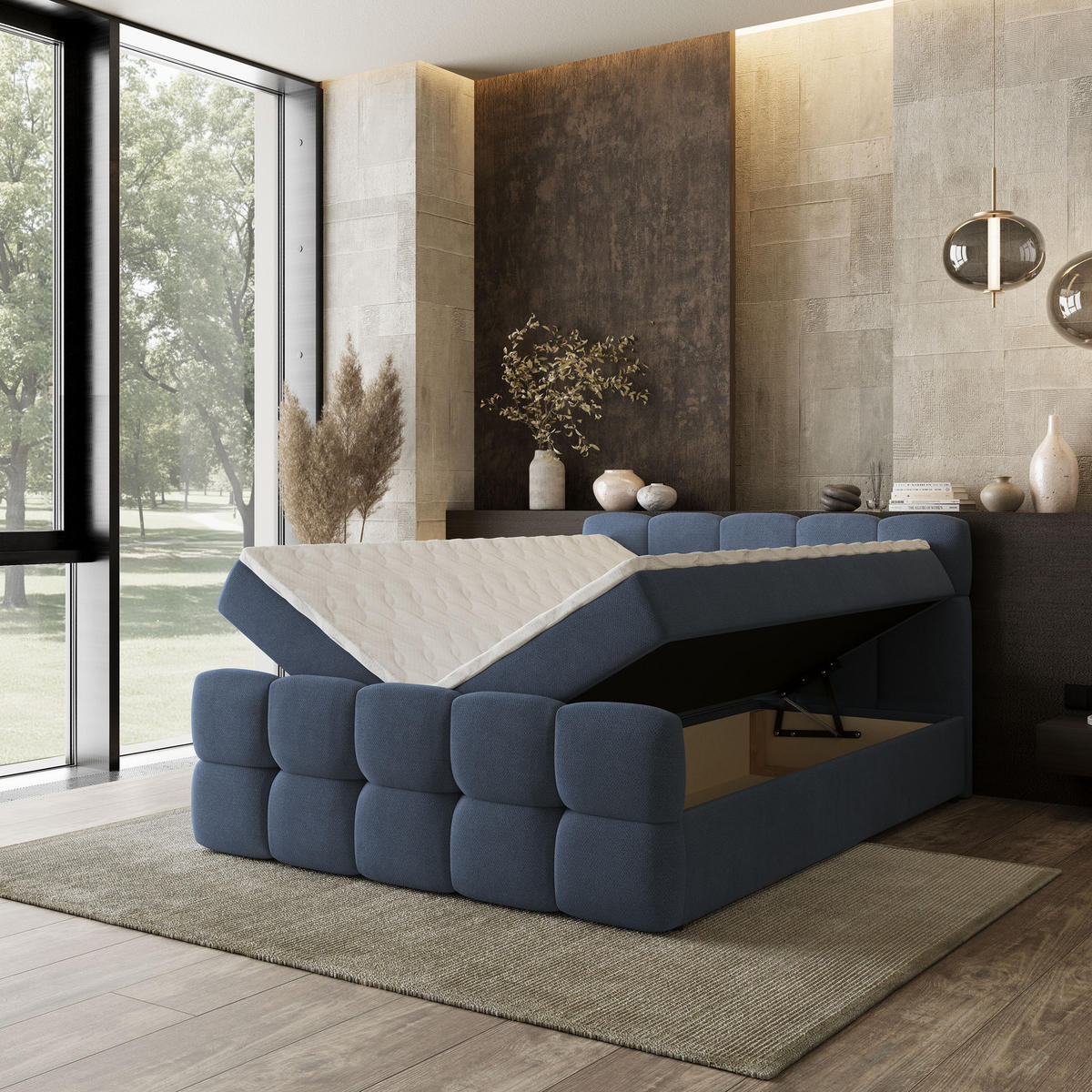 BOXBETT BRUME 180x200 cm mit Matratze und Topper, H2+H3 - Blau - Blau, Holz (180/200cm) - MASSENO