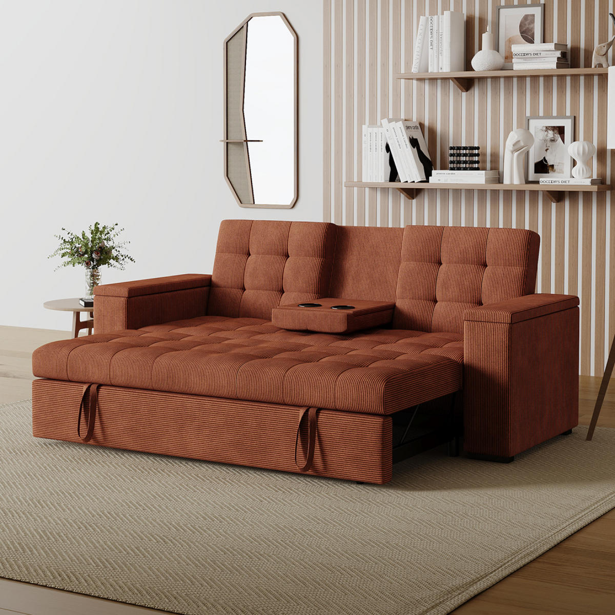 SCHLAFSOFA noho terrakotta 3-sitzer cord - Terracotta, Holz (208/84/102cm) - Concept Usine