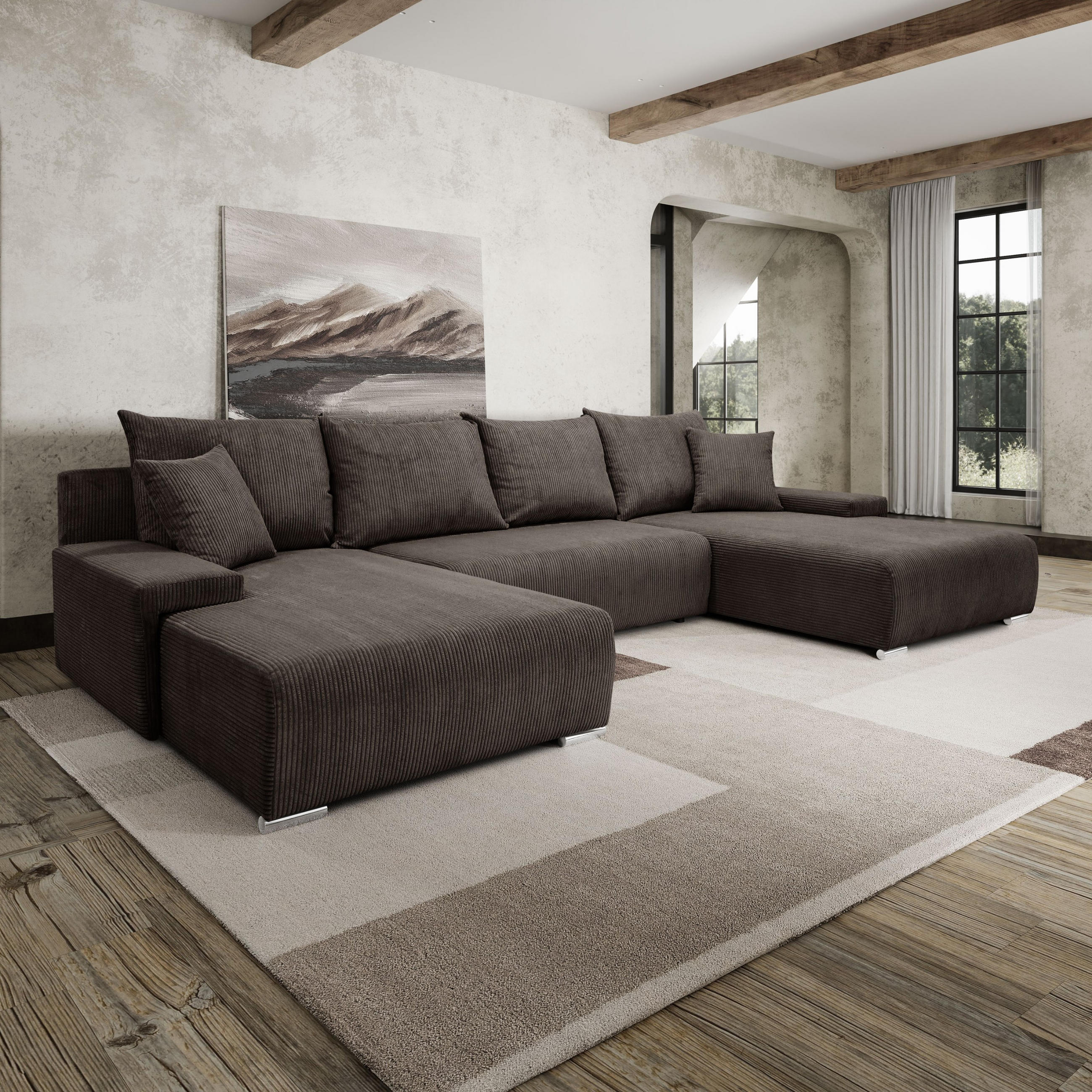 ECKSOFA U-Form Livorno Schlaffunktion Cord-Stoff Braun - Braun, Holz/Kunststoff (348/93/188cm) - Kaiser Möbel