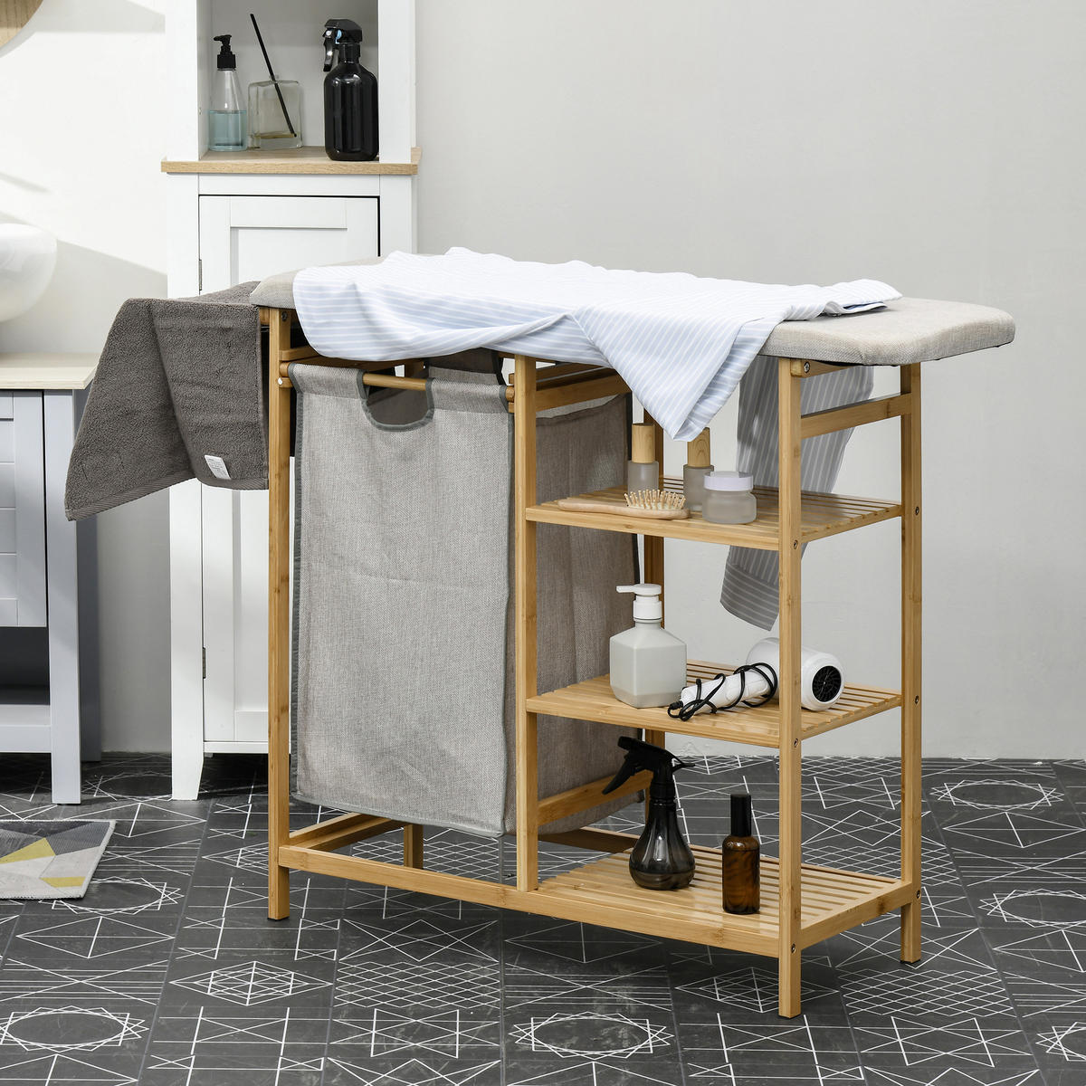 WÄSCHEKORB 57,4 L Wäschebox mit Bügelbrett und Bügeleisen, Bambus, Natur - Multicolor, Kunststoff (34/82/113cm) - HOMCOM