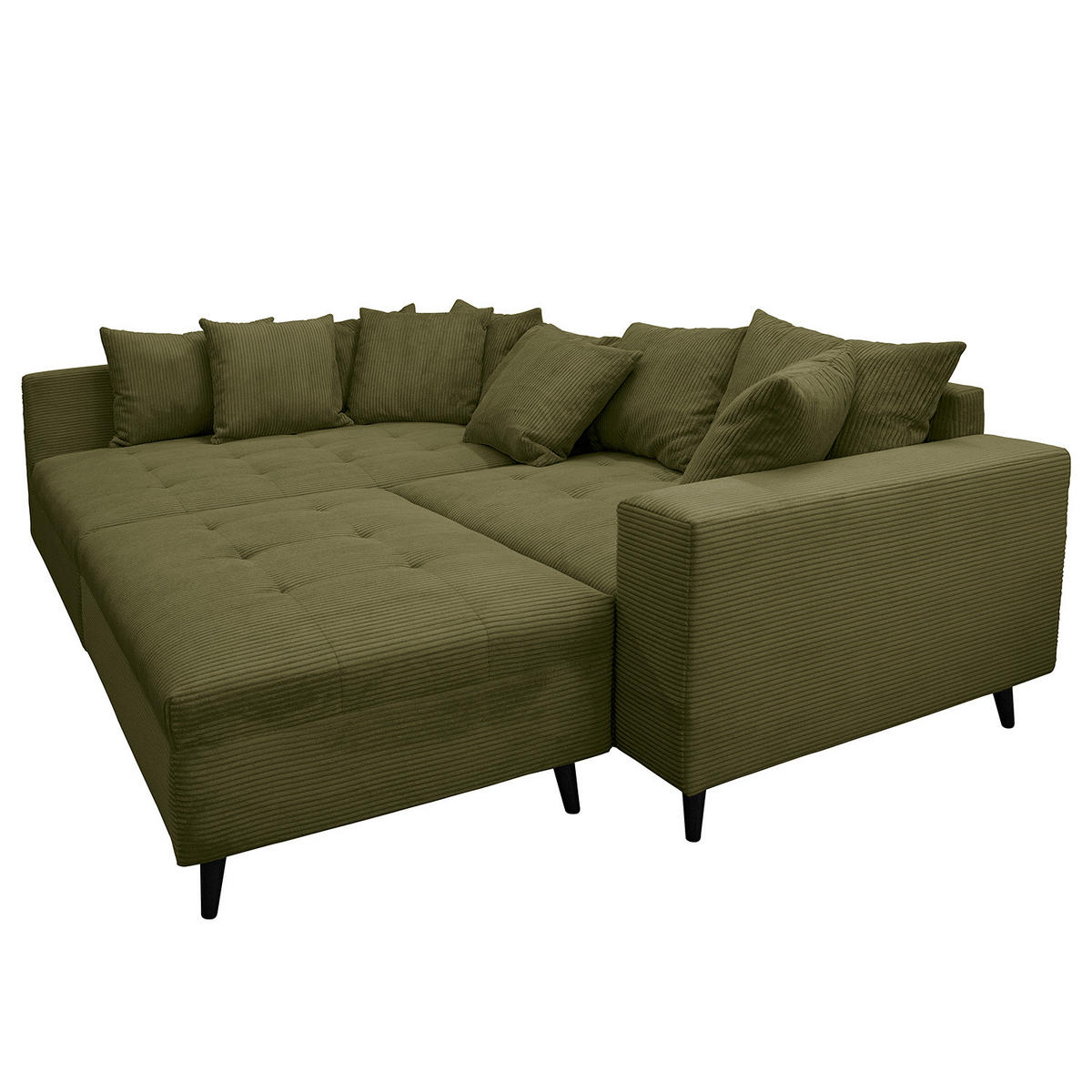 ECKSOFA mit Ottomane und Hocker - Schwarz/Olivgrün, Birkenholz/Textil (247/174cm) - home24