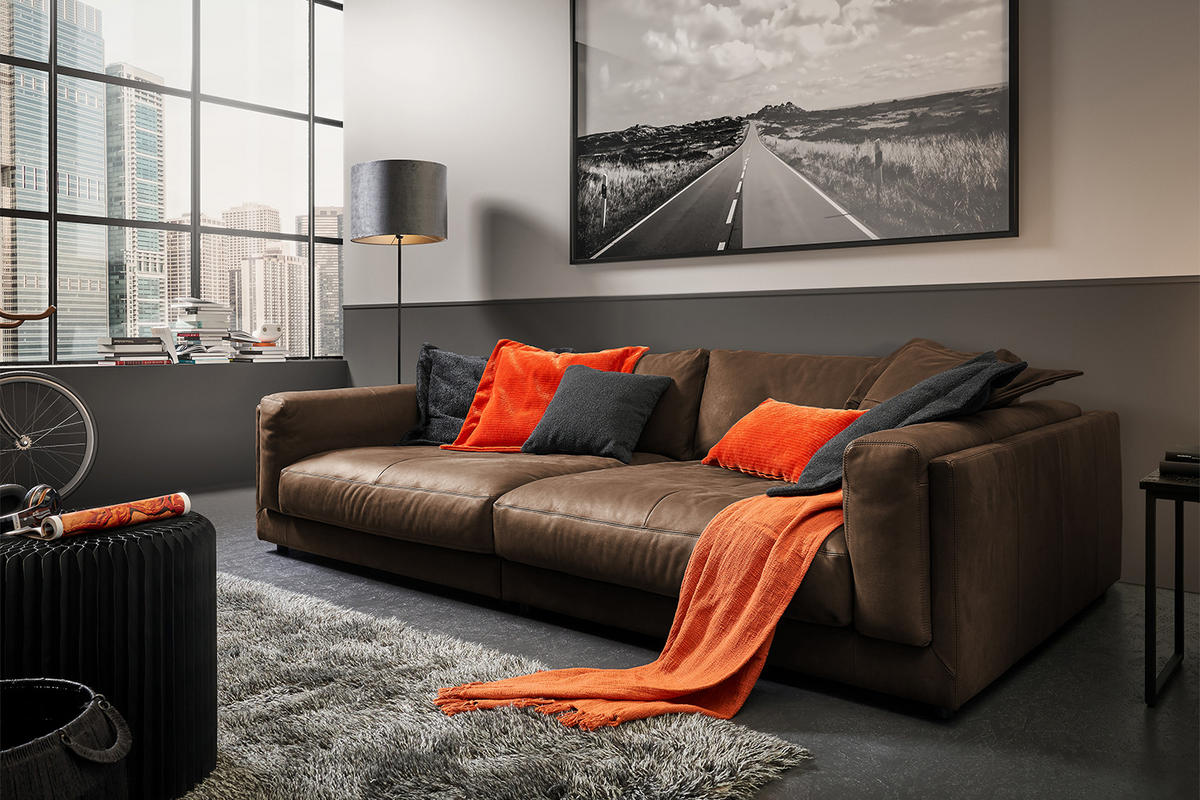 BIG SOFA RAINA Braun Leder - Dunkelbraun/Schwarz, Leder/Kunststoff (254/85/150cm) - KAWOLA