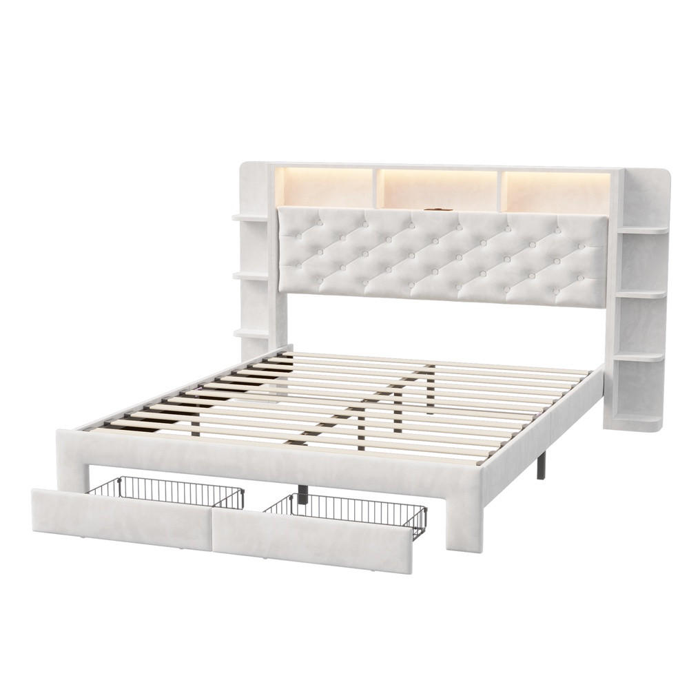 POLSTERBETT 140 x 200 cm mit USB-Anschluss & Steckdose - offene Regalfächer mit LED-Beleuchtung und Schubladen - Weiß - Weiß, Textil (140/200cm) - DELFA