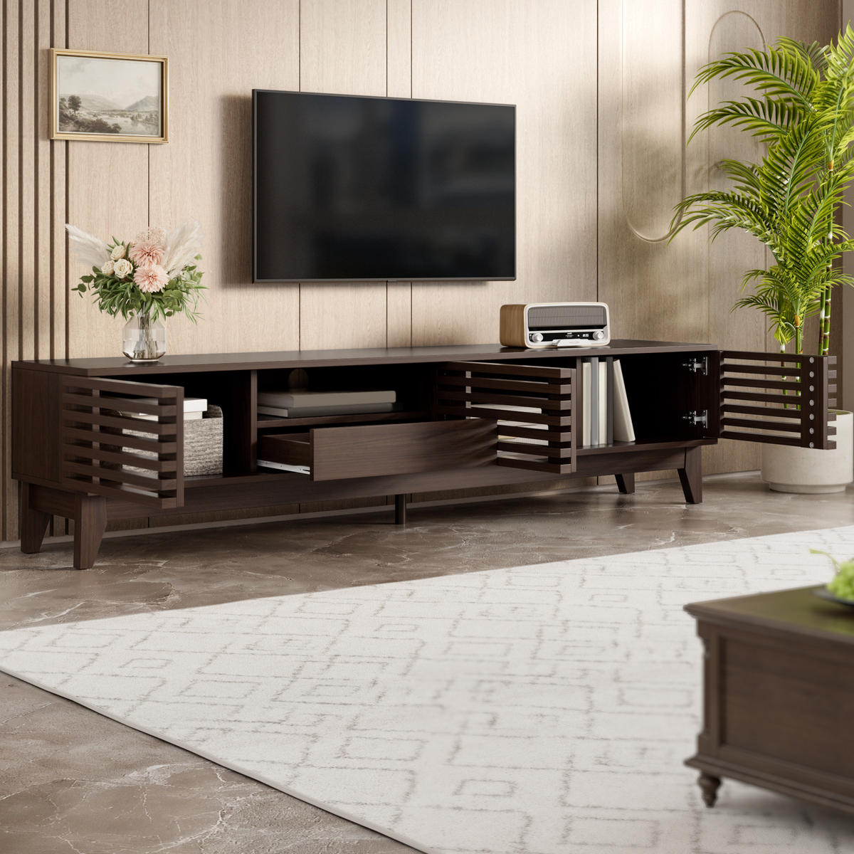 TV-LOWBOARD aus Holzwerkstoff 170x35x40 cm Natur mit 3 Türen, 1 Schublade und Kabeldurchführung im Vintage-Lamellendesign - Naturfarben, Holzwerkstoff (170/40/35cm) - Modfu