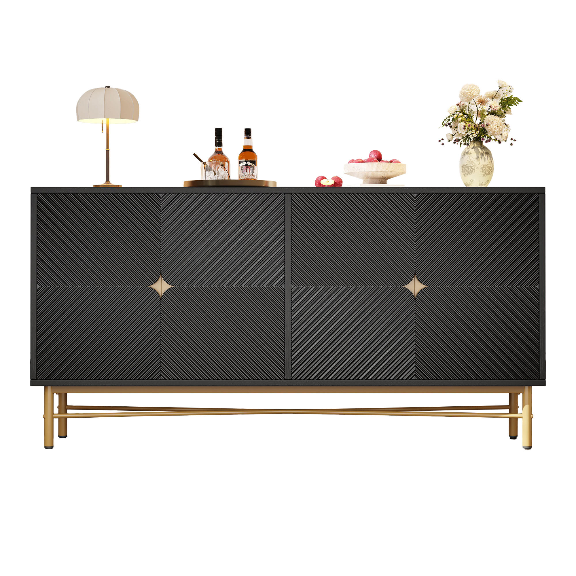 SIDEBOARD 160x40x82 cm mit 4 Türen und Goldgriffen, Schwarz - Schwarz, Holz (160/82/40cm)