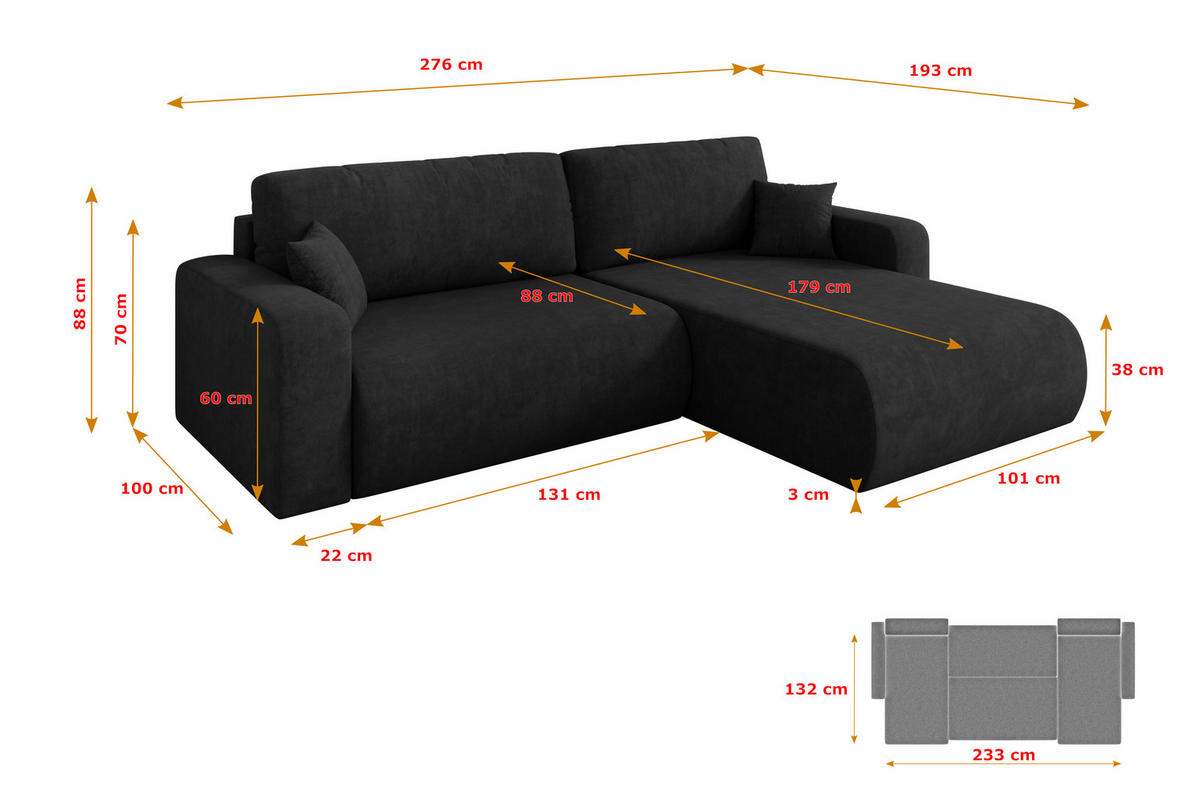 ROHOVÁ SEDAČKA s funkcí spaní, otoman vpravo BERY-L 276x193x88 černá velur - černá, kompozitní dřevo/textil (276/193cm) - ALTDECOR