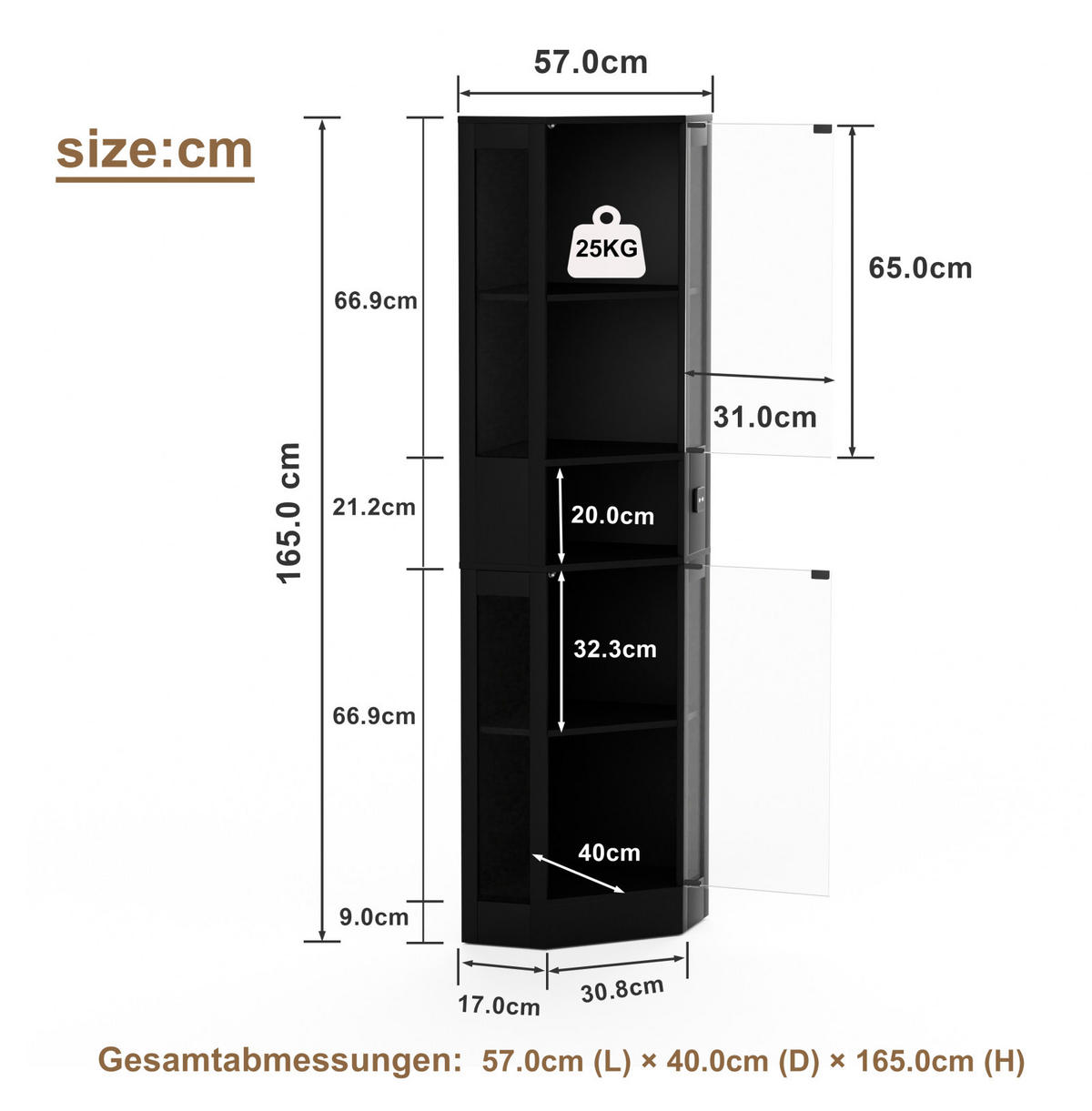 VITRINENSCHRANK,GLASVITRINE mit LED Beleuchtung und Stauraum Schwarz - Schwarz, Glas (57/165/40cm) - PARAFTA HOME
