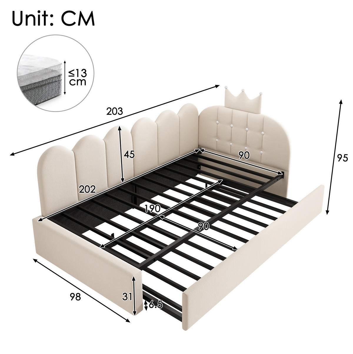 KINDERBETT aus Samt 90x200 cm Beige mit Ausziehbett, Kronen- und Gitterdesign - Beige, Textil (90/200cm) - Modfu