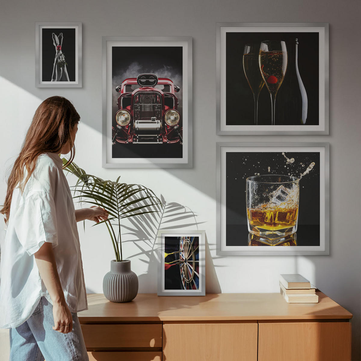 BILDER SET 5er Set - 50x50 cm & 20x30 cm & 40x60 cm Silberner Rahmen - Frauenbeine Rosenwagen Wein - Silberfarben, Kunststoff (40/60cm) - TULUP