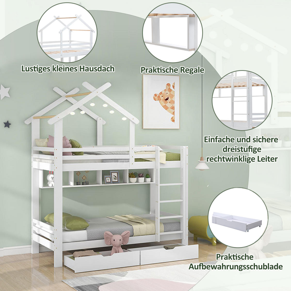 ETAGENBETT 90/200 cm Weiß mit Schubladen und Regalen aus Kiefernholz - Weiß, Holzwerkstoff (90/200cm) - OKWISH