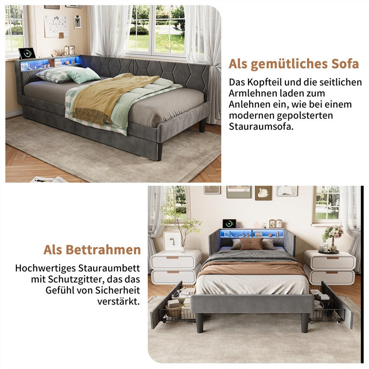 POLSTERBETT 90x200 cm mit Kopfteil-Stauraum - 2 Schubladen - USB Type-C & LED - ohne Matratze - Grau - Grau, Textil (90/200cm) - DELFA