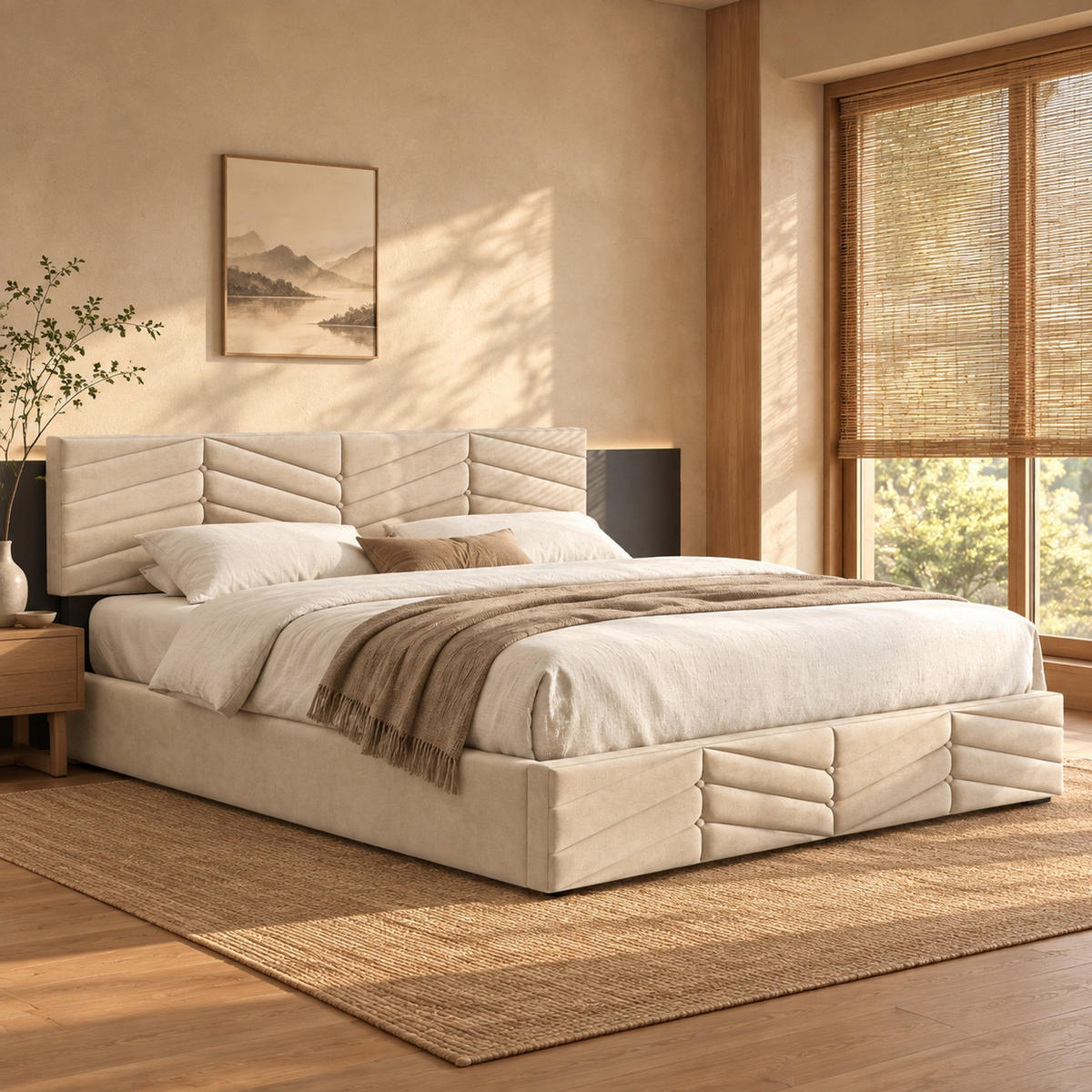 POLSTERBETT 160/200 mit Bettkasten und höhenverstellbarem Kopfteil in Beige - Beige, Holzwerkstoff/Textil (160/200cm) - EVRYAE