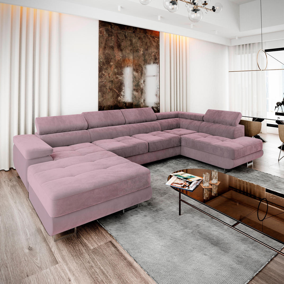 WOHNLANDSCHAFT CASONE R-S Lila Velours-Stoff mit Schlaffunktion - Lila, Holz (345/90/202cm) - MASSENO