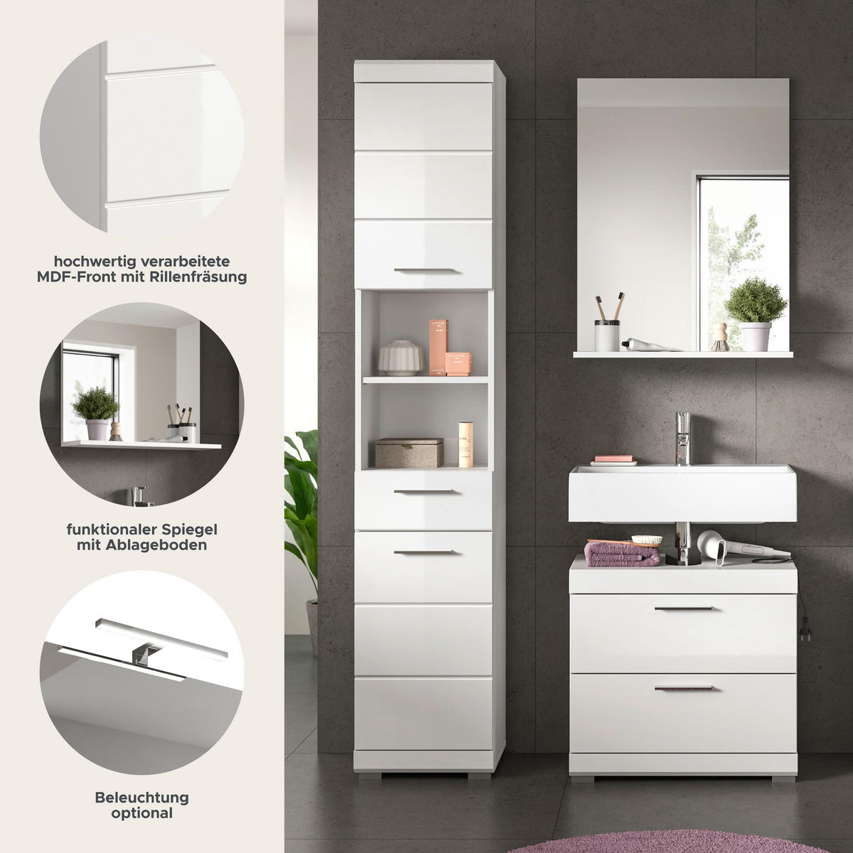 BADKOMBINATION 3tlg. Scout Bad in weiß Nachbildung und weiß hochglanz B/H/T: 112x191x34 cm - Weiß, Holz (112/191/37cm)