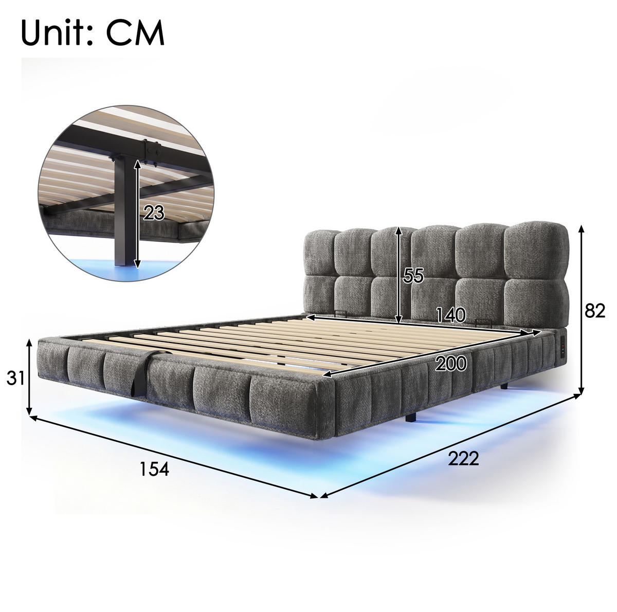 POLSTERBETT aus Chenille 140x200 cm Grau mit hydraulischem Bettkasten, LED und USB-C-Anschluss - Grau, Textil (140/200cm) - Modfu