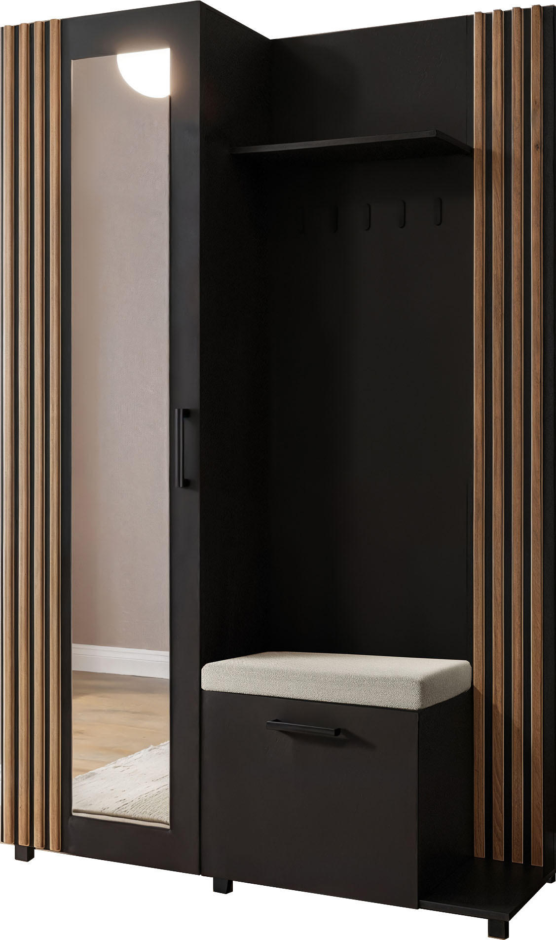 GARDEROBE Linaro mit Spiegel, Sitzbank in Lamellen-Optik 137/207/42 cm, Rechts - Schwarz, Holzwerkstoff (137/207/42cm) - WFL GROUP