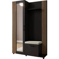 GARDEROBE Linaro mit Spiegel, Sitzbank in Lamellen-Optik 137/207/42 cm, Rechts - Schwarz, Holzwerkstoff (137/207/42cm) - WFL GROUP