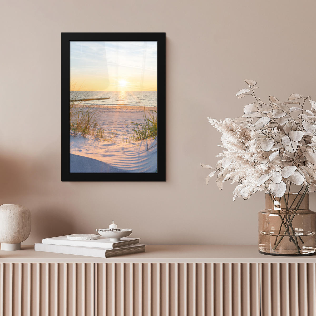GERAHMTES BILD Strand - Sonne - Düne - Gras - Sand - Horizont 20x30 cm - Hellblau, Papier (20/30cm) - MuchoWow
