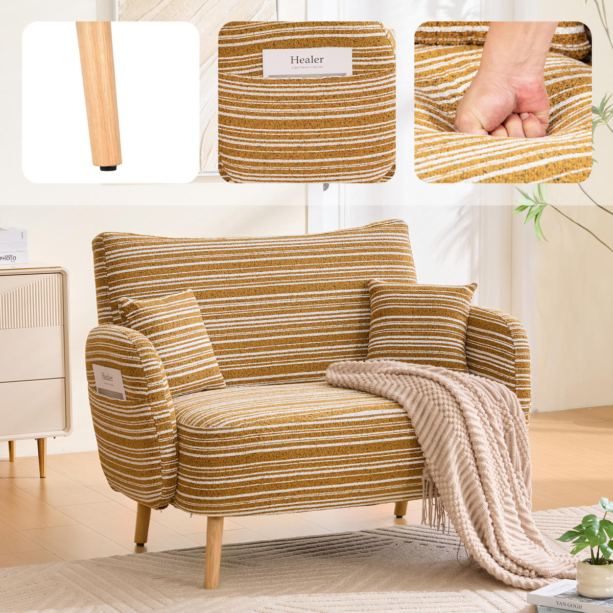 2-SITZER Sessel mit Armlehnen & Seitentasche, modernes Stoffsofa Gelb - Gelb, Textil/Metall (121/87/81cm) - PARAFTA HOME
