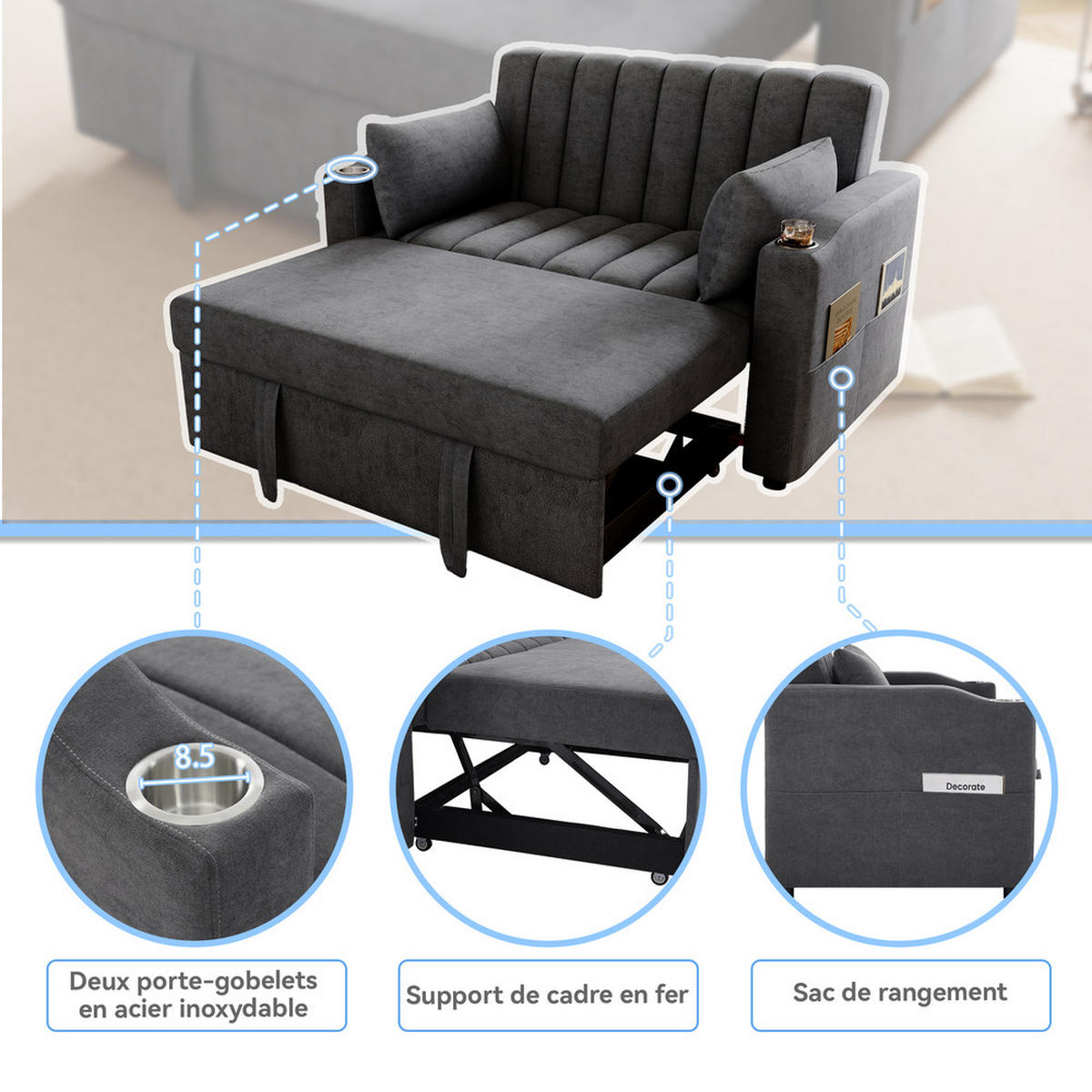 SOFA Multifunktions Modernes Schlafsofa mit verstellbarer Rückenlehne - Grau, Holz (113/84/61cm) - FLIEKS