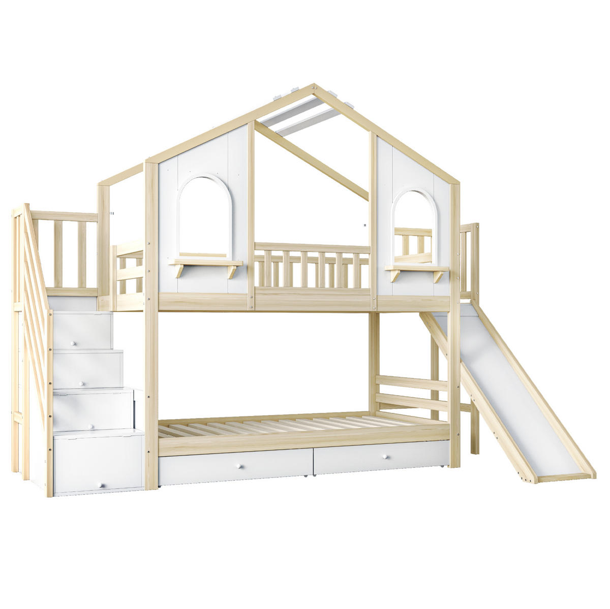 ETAGENBETT Hausform 90/200 cm, Weiß/Naturholz mit Rutsche - Naturfarben, Holz (90/200cm) - MIVRAY