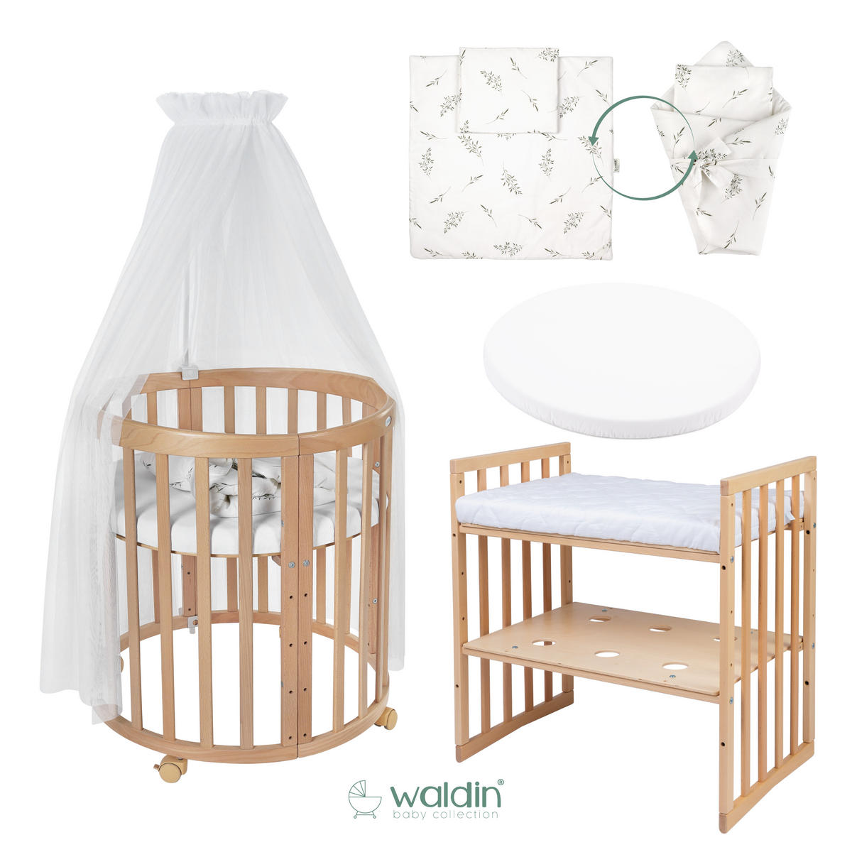 BABYBETT NATUR OVAL 7in1 mit Matratze und Himmelset - Naturfarben/Weiß, Holz/Textil