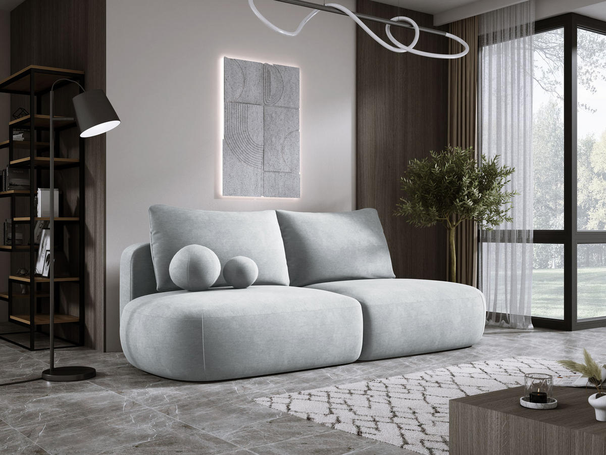 SCHLAFSOFA Moderne BABU mit Schlaffunktion – 3-Sitzer Sofa mit Bettkasten, DL-Automat, 2 Rückenkissen, 2 Zierkissen, 240x90x90 cm, Silber - Silberfarben, Holz/Textil (240/90/90cm) - DomoHome