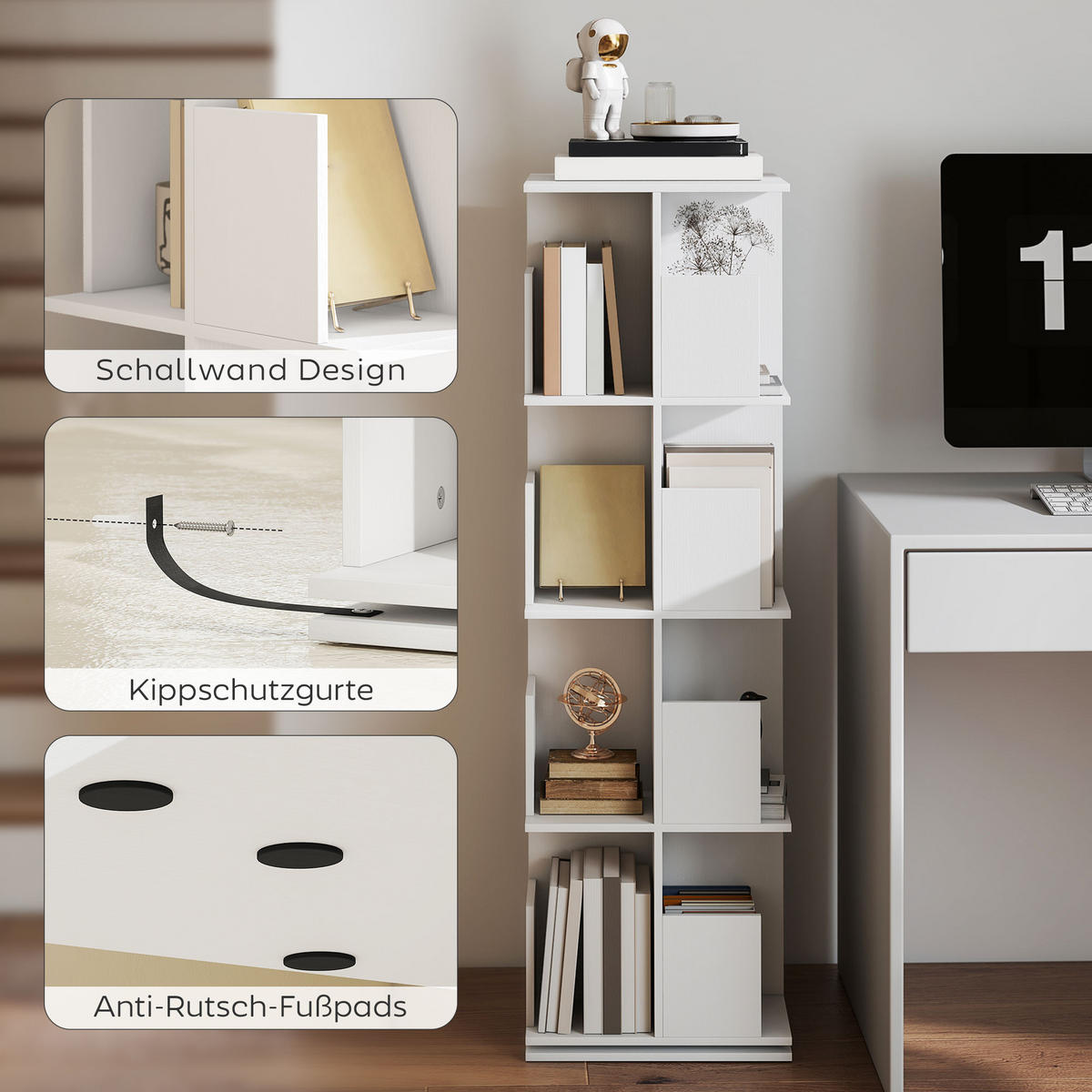 BÜCHERREGAL Drehbares Standregal mit 4 Ebenen, 16 Fächer, 39x39x128,3cm, Weiß - Weiß, Holzwerkstoff (39/128.3/39cm) - HOMCOM