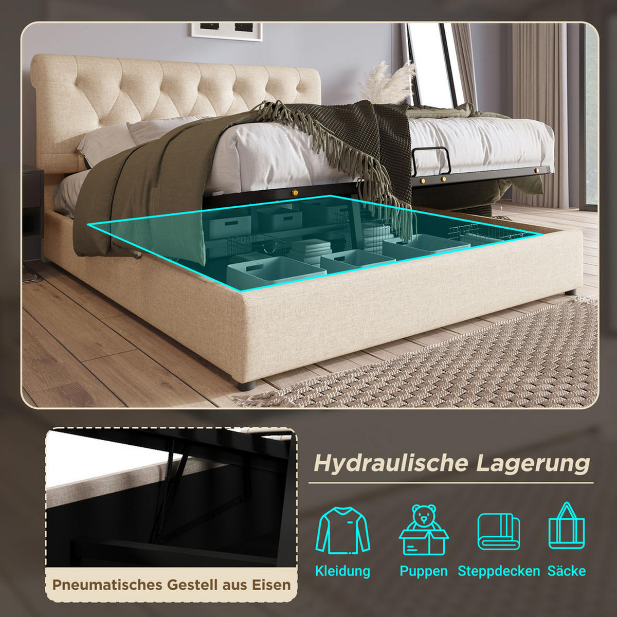 POLSTERBETT 140x200cm Doppelbett hydraulisch verstellbares Kopfteil Stauraum Natürlich - Braun, Holz - FLIEKS