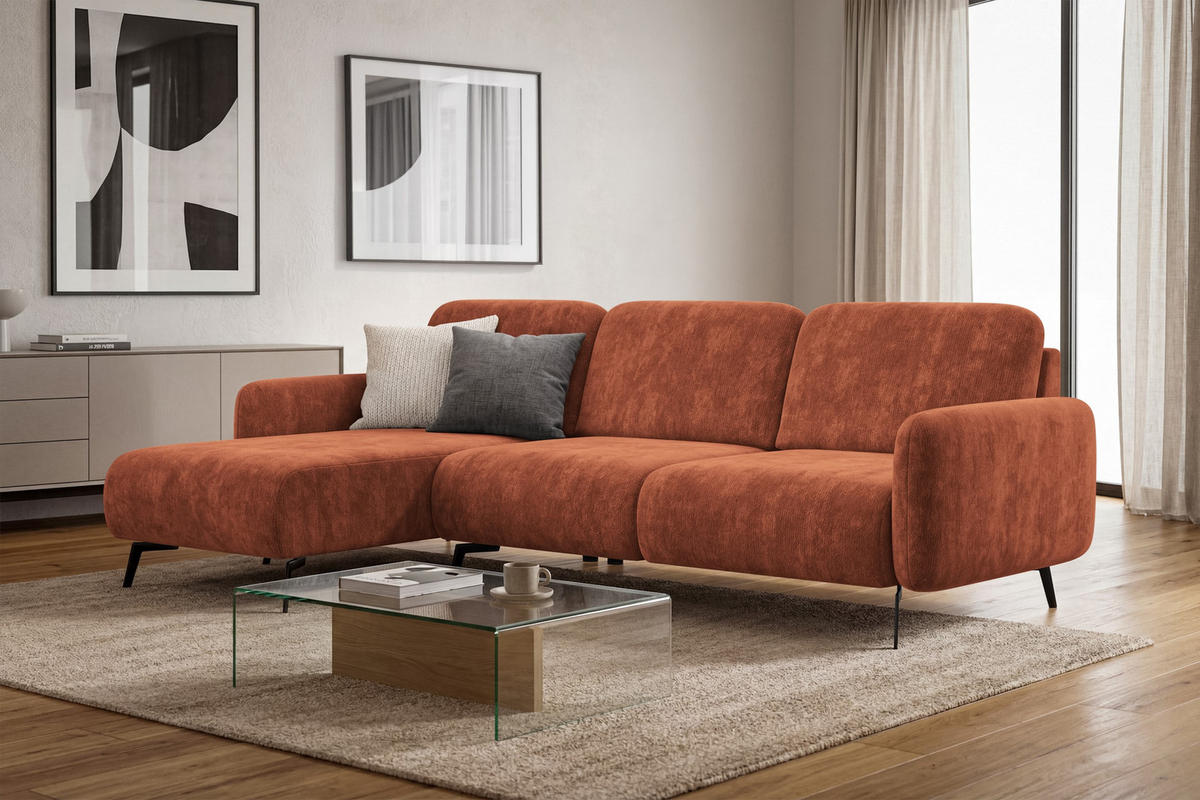 ECKSOFA FEBE 4-Sitzer LINKS, rostroter Chenille-Stoff - Rostfarben/Schwarz, Holz/Textil (264/157cm) - Wozimo