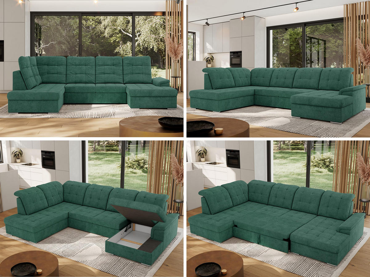 WOHNLANDSCHAFT MADRITO U - Grün Struktur - Links - Silberfarben/Grün, Textil/Metall (204/89/323cm) - MKS
