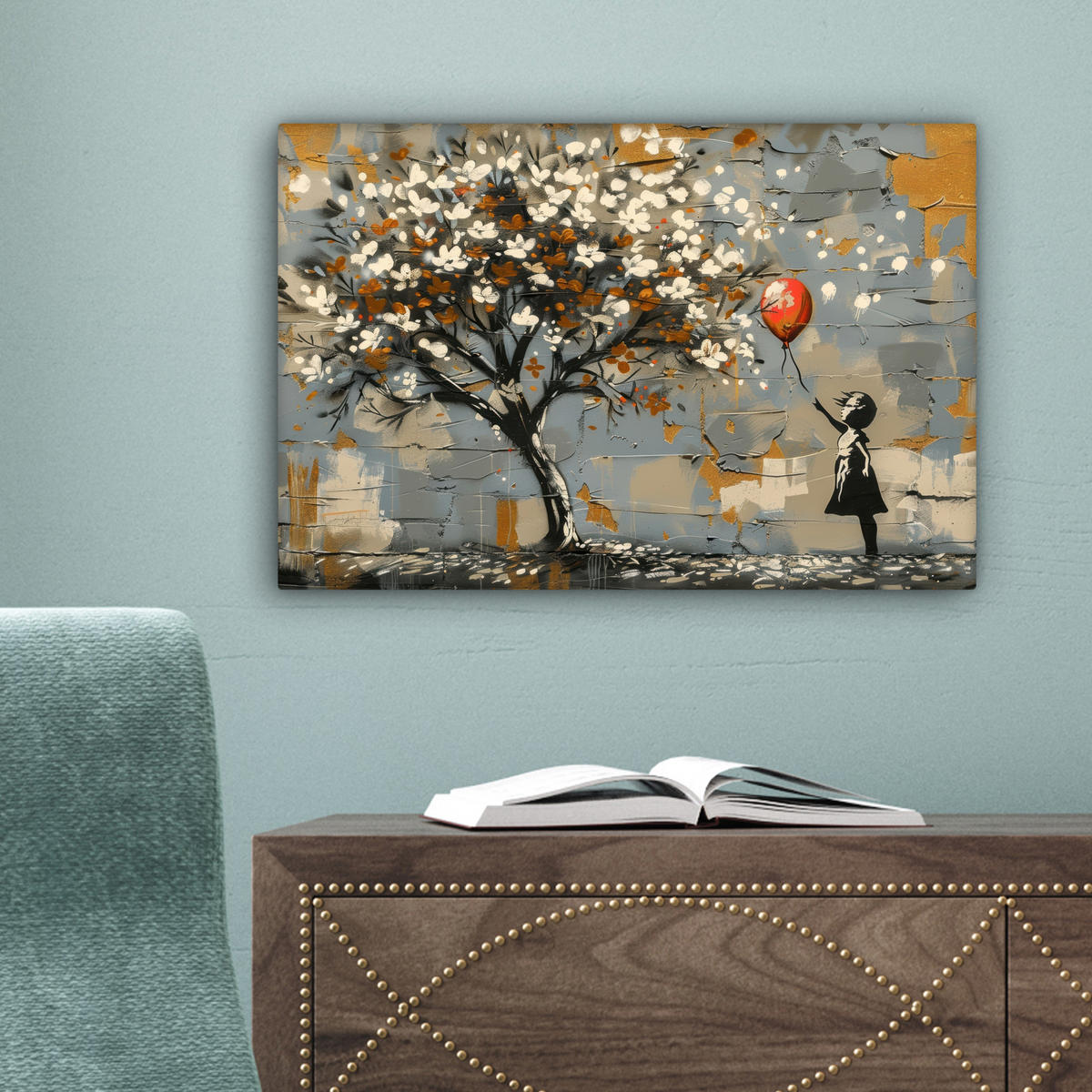 LEINWANDBILD Baum - Graffiti - Banksy-Stil - Ballon-Mädchen Deko Schlafzimmer 30x20 cm - Blaugrau, Textil (30/20cm) - MuchoWow