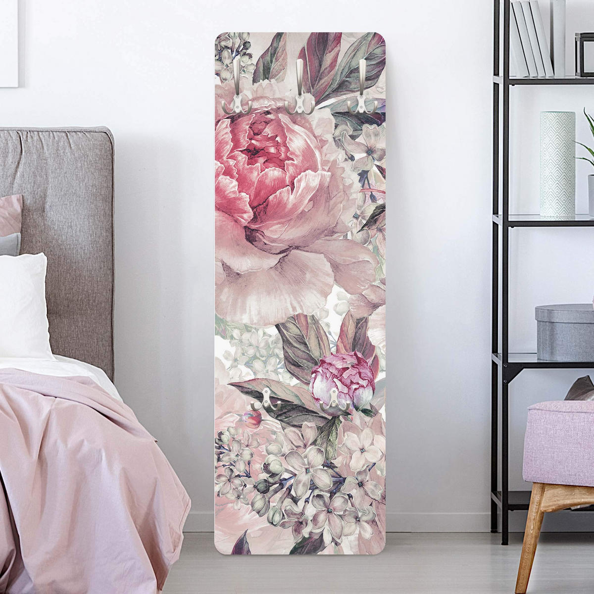 WANDGARDEROBE - Zartes Aquarell Pfingstrosen Muster 34/105 cm - Rosa, Holzwerkstoff (34/105/1.6cm) - Bilderwelten