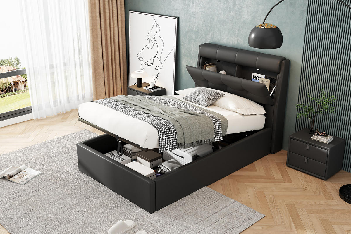 POLSTERBETT 90/200 cm Schwarz hydraulisches Bett mit Lattenrost und verstecktem Stauraum - Schwarz, Kunststoff (90/200cm) - OKWISH