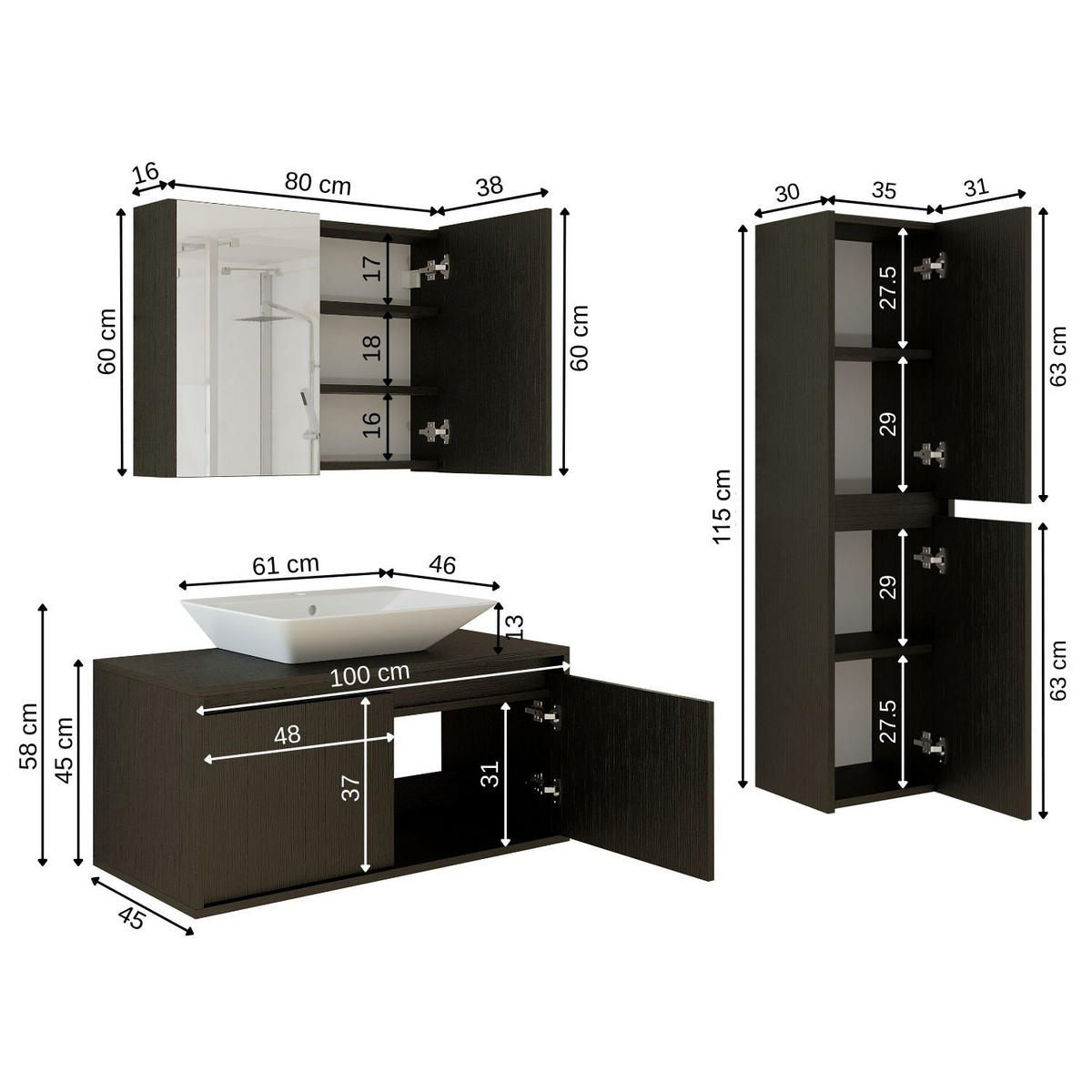 BADMÖBEL Set ATLANTIC-100 4-teilig - Schwarz, Holzwerkstoff (100/150/45cm) - Roomart