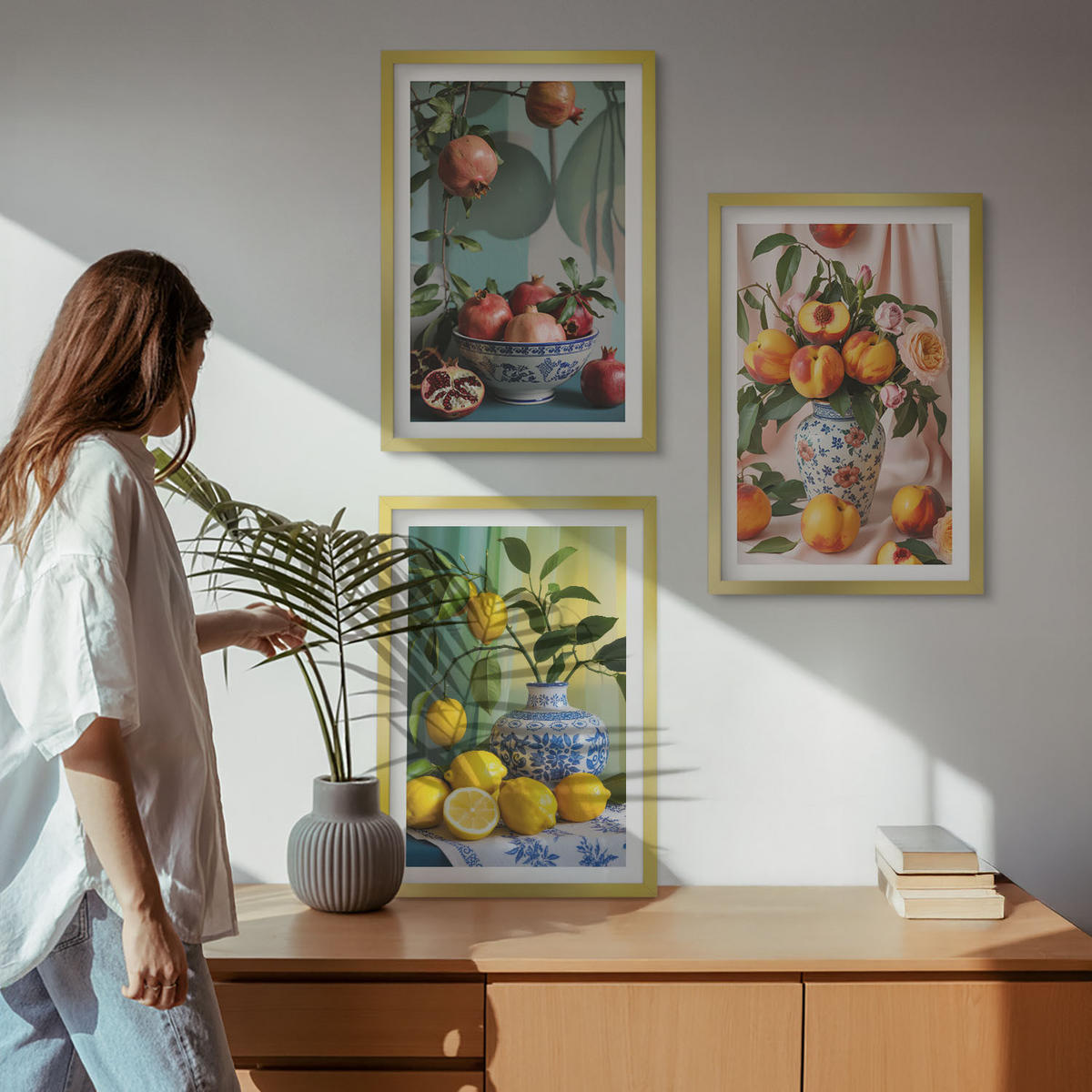 WANDBILDER 3er Set - 40x60 cm Goldrahmen - Granatäpfel, Pfirsiche, Zitronen - Goldfarben, Kunststoff (40/60cm) - ArtPrintCave