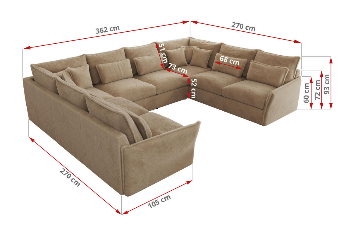 WOHNLANDSCHAFT VERSO U 8M Beige Plüsch - Beige/Schwarz, Kunststoff/Textil (362/93/270cm) - MKS