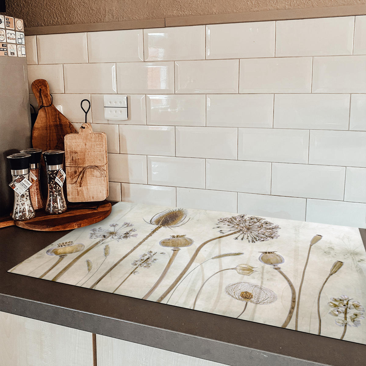 HERDABDECKPLATTE Blumen - Aquarell - Stilleben - Braun - Vintage 83x51 cm - Sandfarben, Kunststoff (83/51.5/0.2cm) - MuchoWow