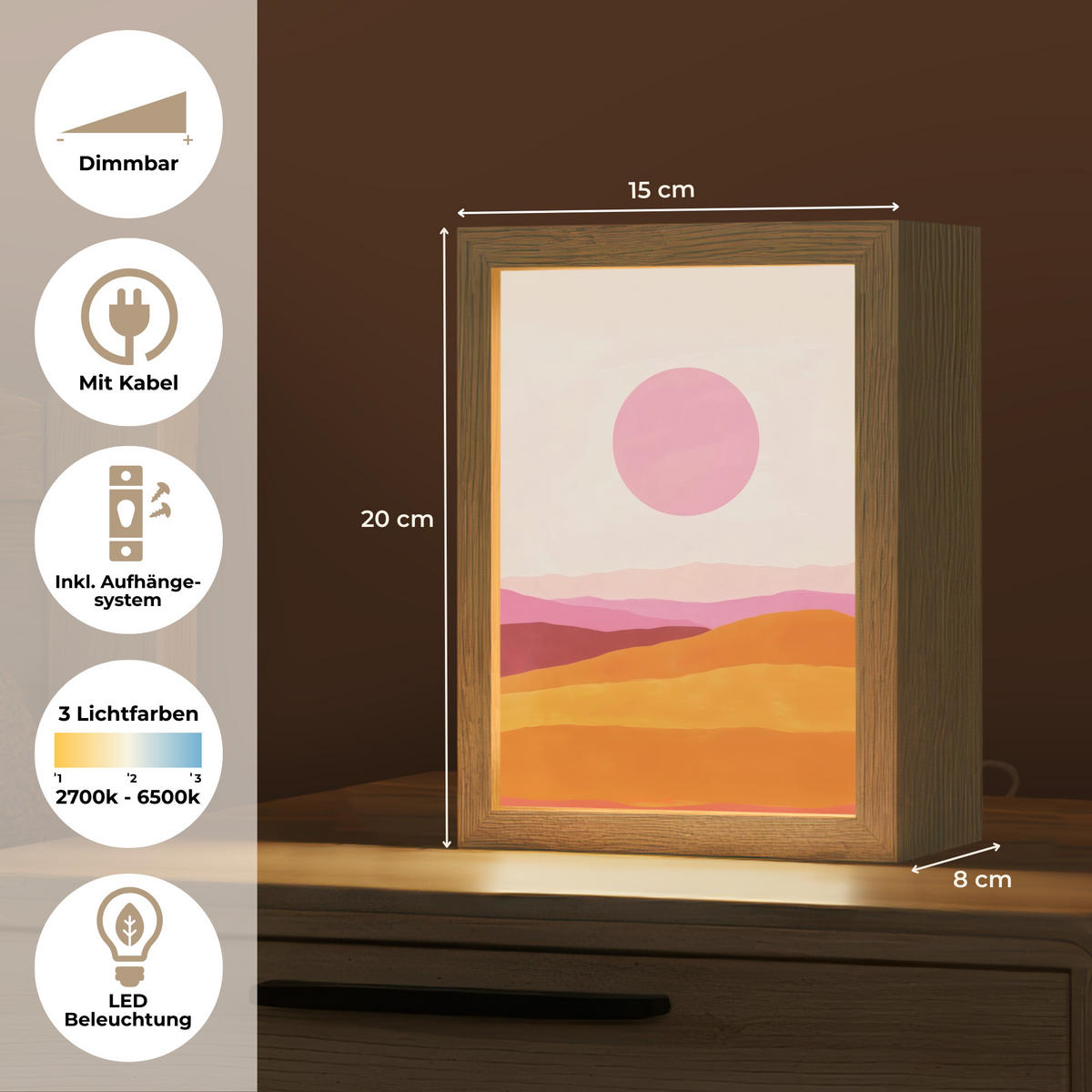 STOLNÍ LAMPA Kopce - oranžová - slunce - abstraktní 15x20 cm - chromová, kompozitní dřevo (8/15/20cm) - OnlyWow