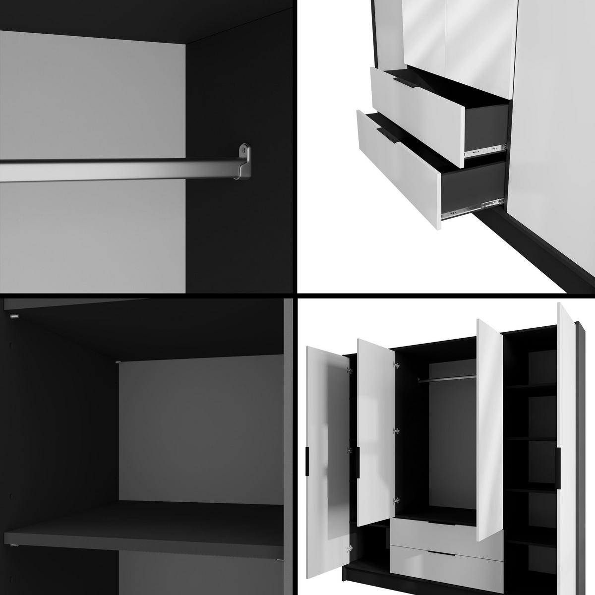 KLEIDERSCHRANK mit Spiegel und Flügeltüren KOLIN 200x200cm Schwarz / Weiß - Schwarz/Weiß, Holzwerkstoff (200/200/51cm) - ALTDECOR