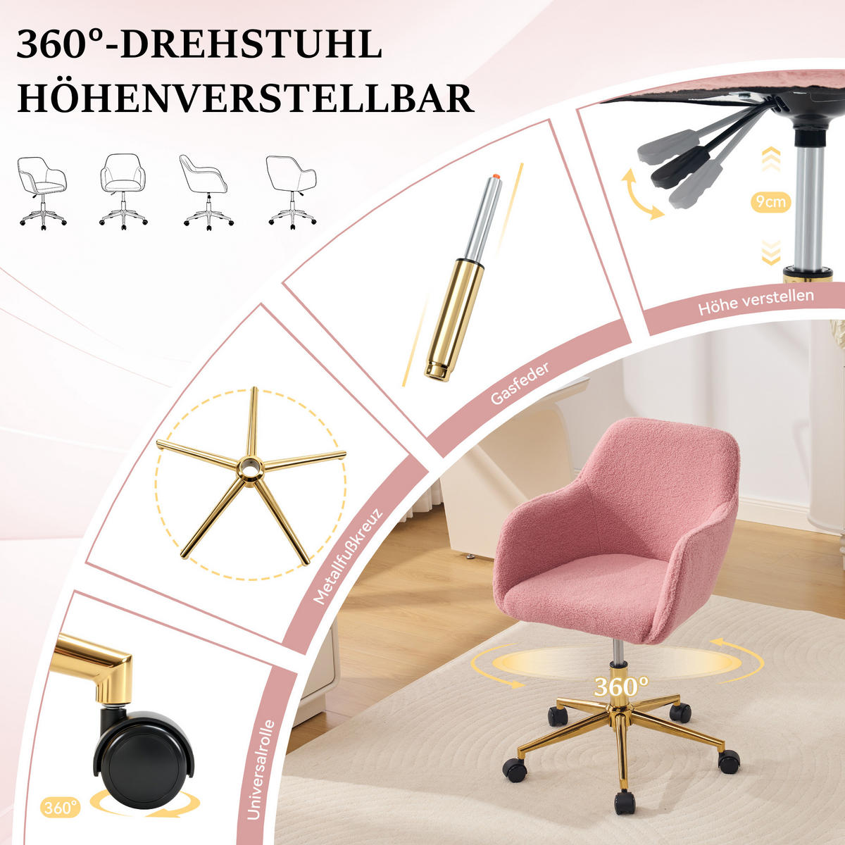 DREHSTUHL DE-40962 mit goldenen Beinen und Teddy-Stoff Rosa - Pink, Metall (58/86/58cm) - ComfortXL