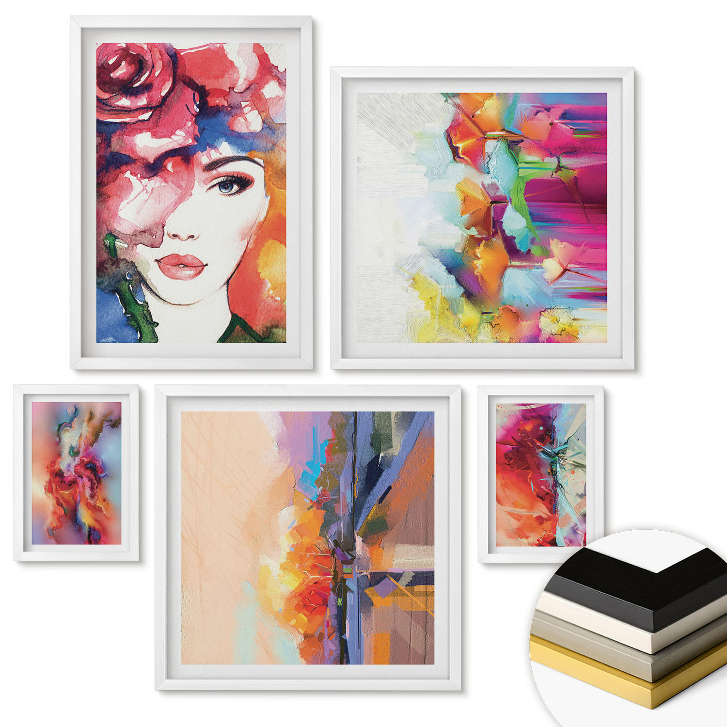 WANDBILDER 5er-Set - 50x50 cm & 20x30 cm & 40x60 cm Weißer Rahmen - Italienische Flüsse, Hügel, Straße - Weiß, Kunststoff (40/60cm) - ArtPrintCave