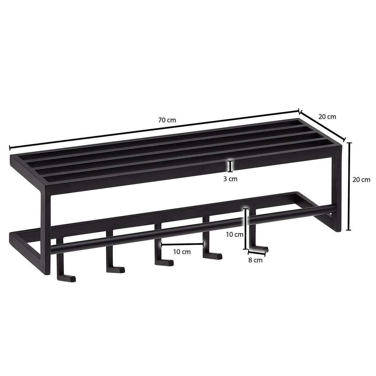 WANDGARDEROBE Metall Schwarz Modern mit 5 Haken und Kleiderstange - Schwarz, Metall (70/20/20cm) - KADIMA DESIGN