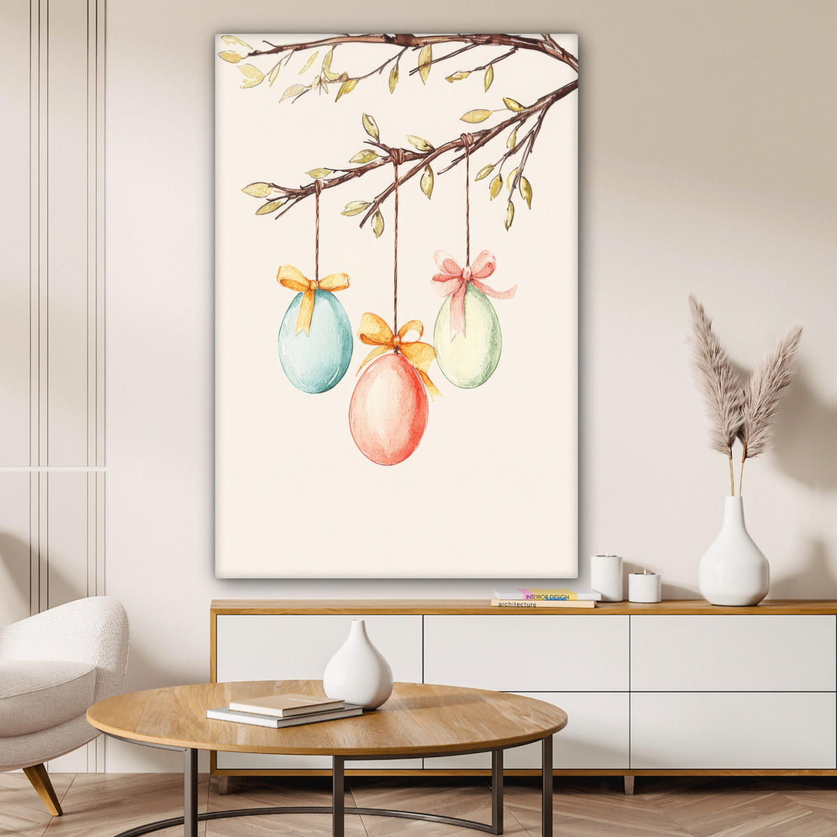 LEINWANDBILD Osterkuchen - Schleife - Eier Deko Groß 90x140 cm - Creme, Textil (90/140cm) - MuchoWow