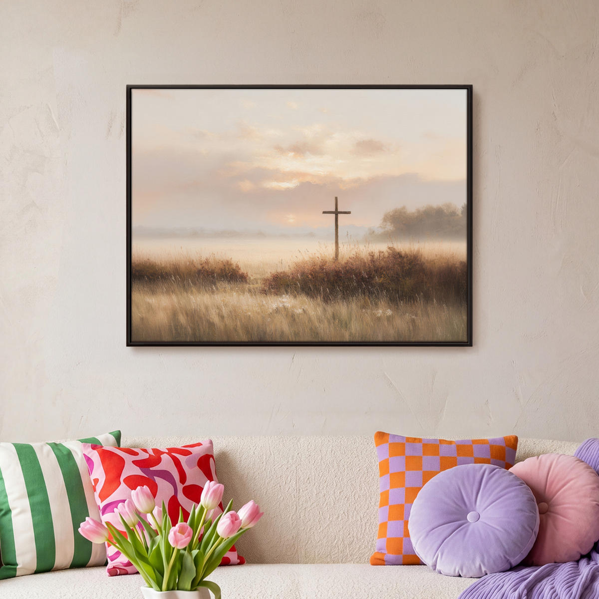LEINWAND Bilder mit Rahmen - Gras - Morgennebel - Kreuz - Christentum - 80x60 - Beige, Textil (80/60cm) - MuchoWow