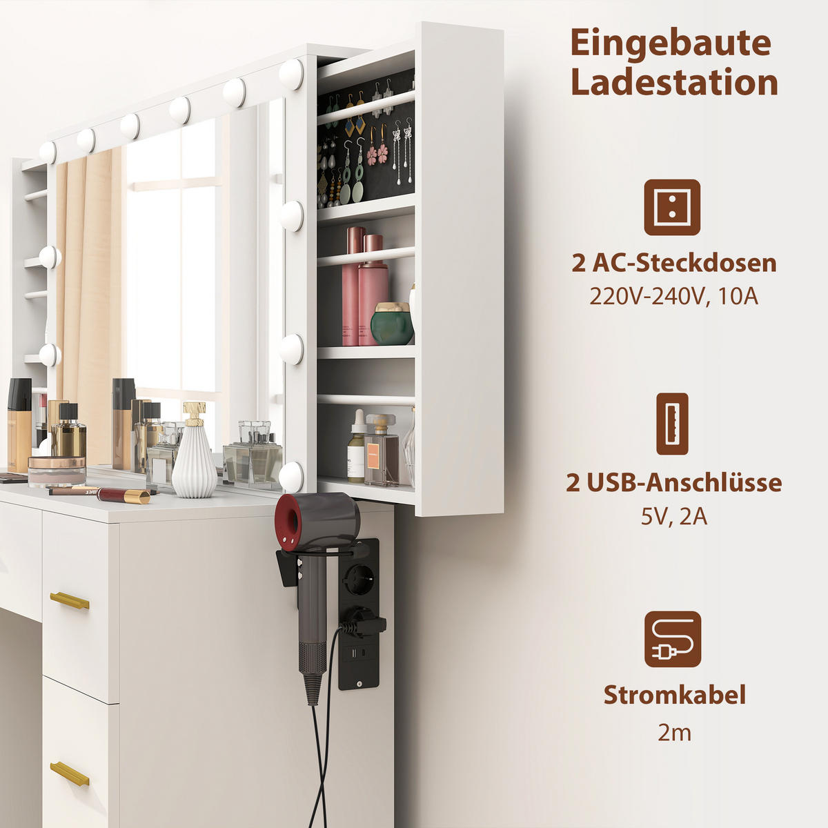 SCHMINKTISCH mit LED-Leuchten, Kosmetiktisch mit Spiegel, 7 Schubladen, Weiß - Goldfarben/Weiß, Holzwerkstoff/Metall (40/137/100cm) - HOMCOM